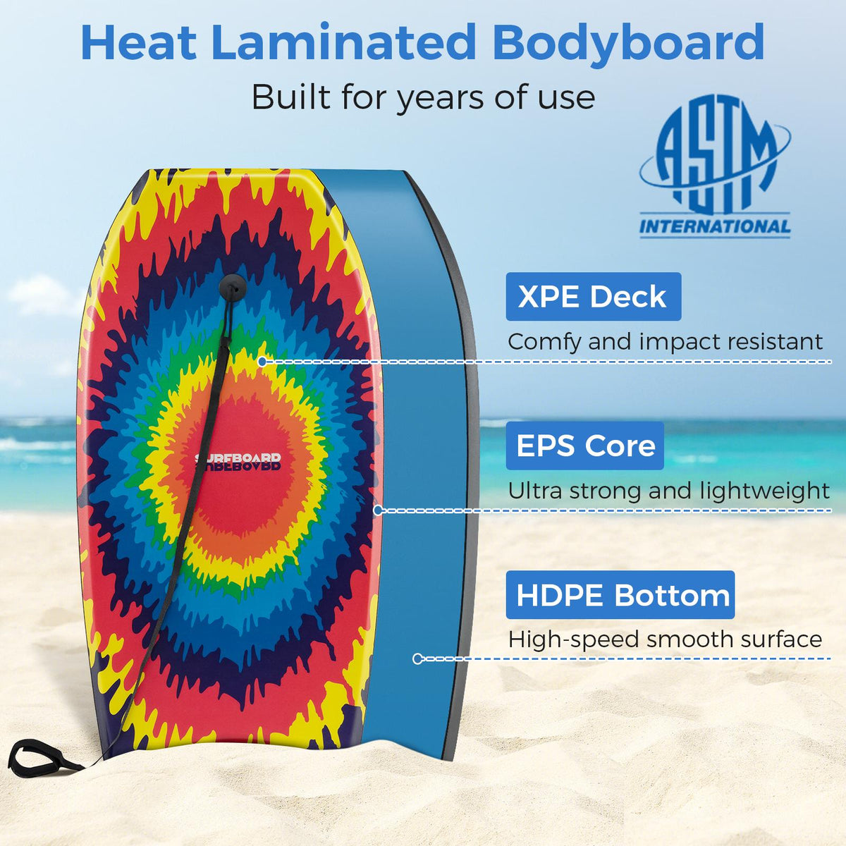 Bodyboard, 33–41 Inch EPS Core, XPE Deck, Wrist Leash