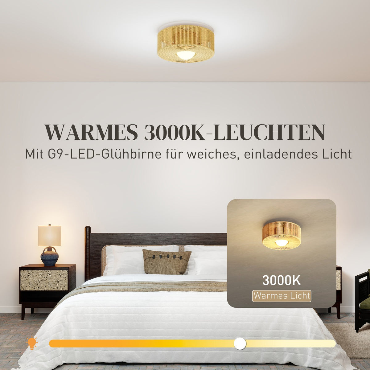 Boho Ceiling Light with Hemp Rope Shade, G9 LED, 30cm