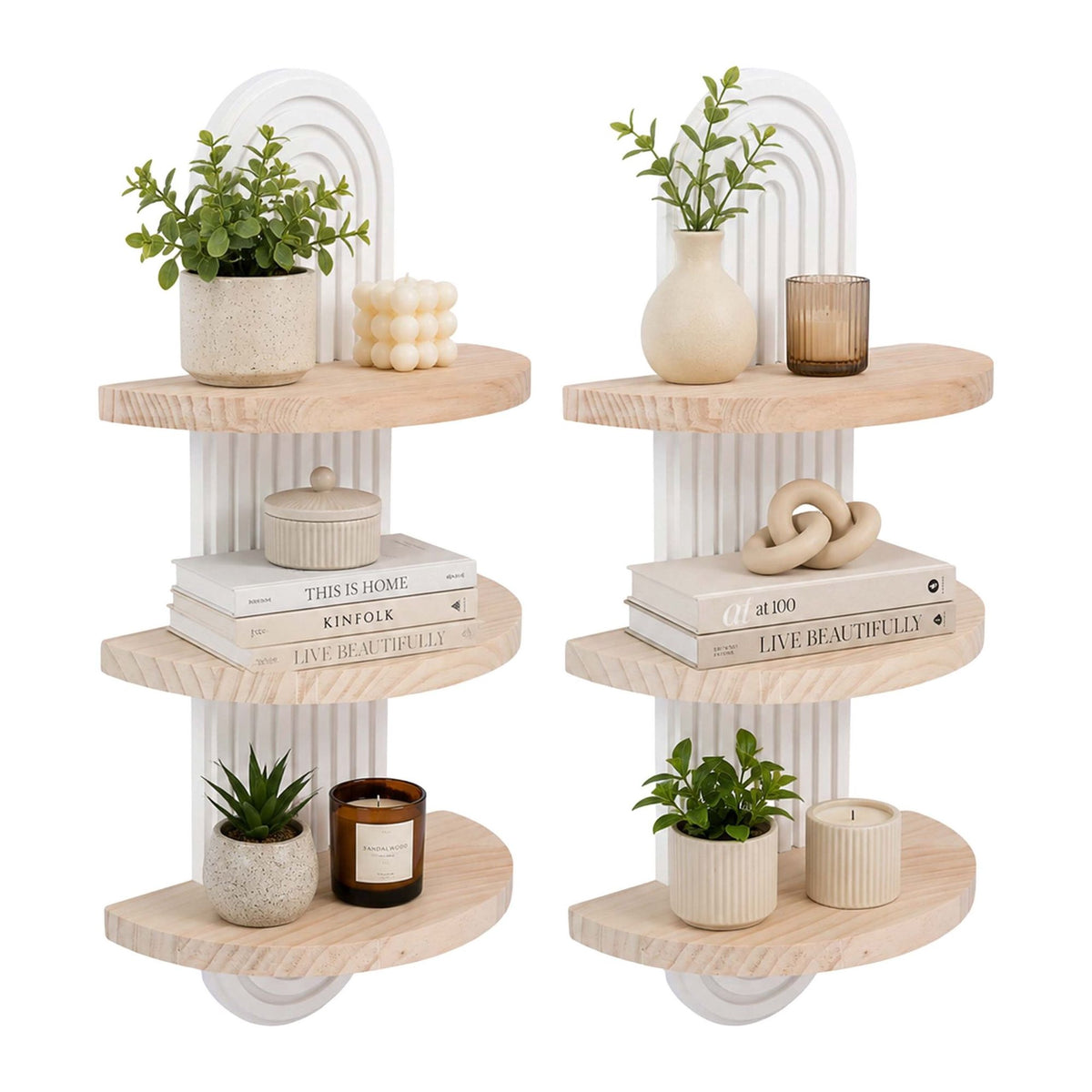Boho Floating Wall Shelf Set, 2pc Pine, White/Brown