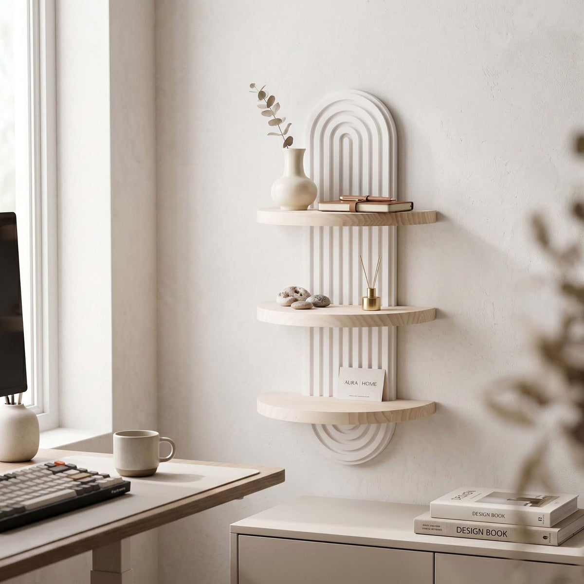 Boho Floating Wall Shelf Set, 2pc Pine, White/Brown