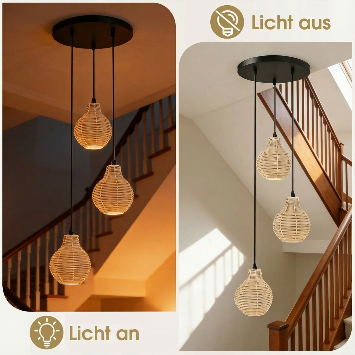 Boho Rattan Pendant Light, 3-Light, Adjustable Height