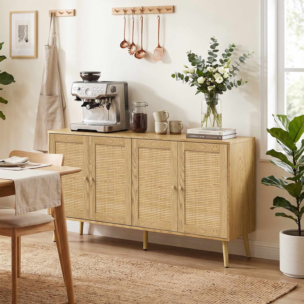 Boho Rattan Sideboard with Adjustable Shelves, Natural Wood