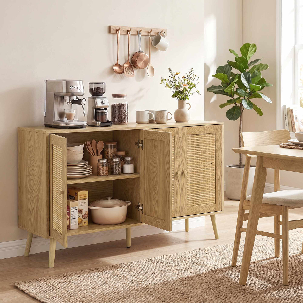 Boho Rattan Sideboard with Adjustable Shelves, Natural Wood