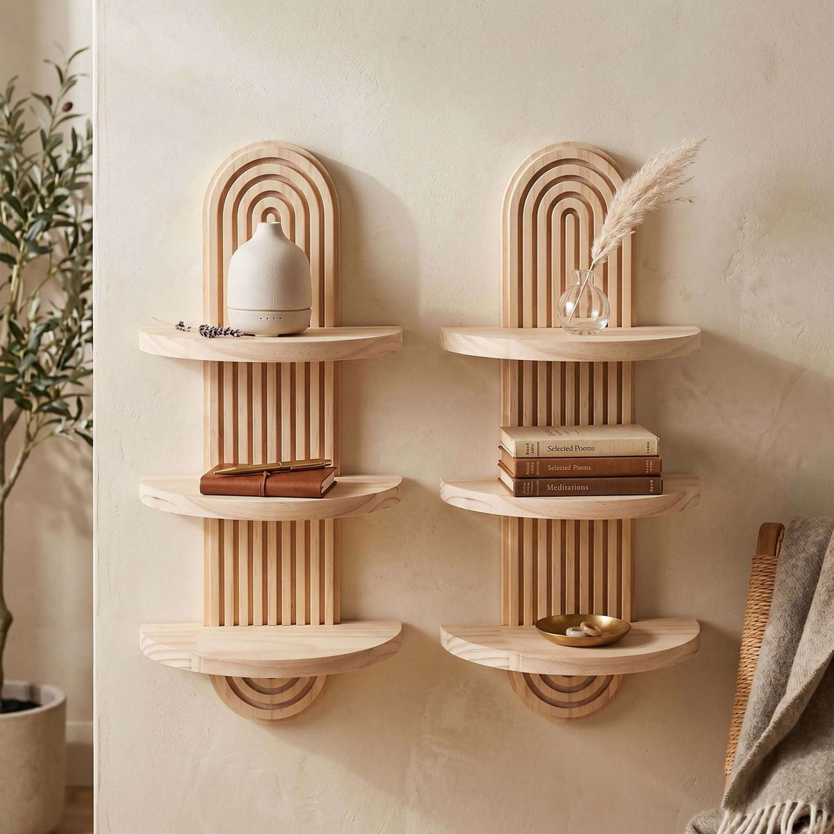 Boho Wooden Wall Shelf Set, 2pc – Natural Pine