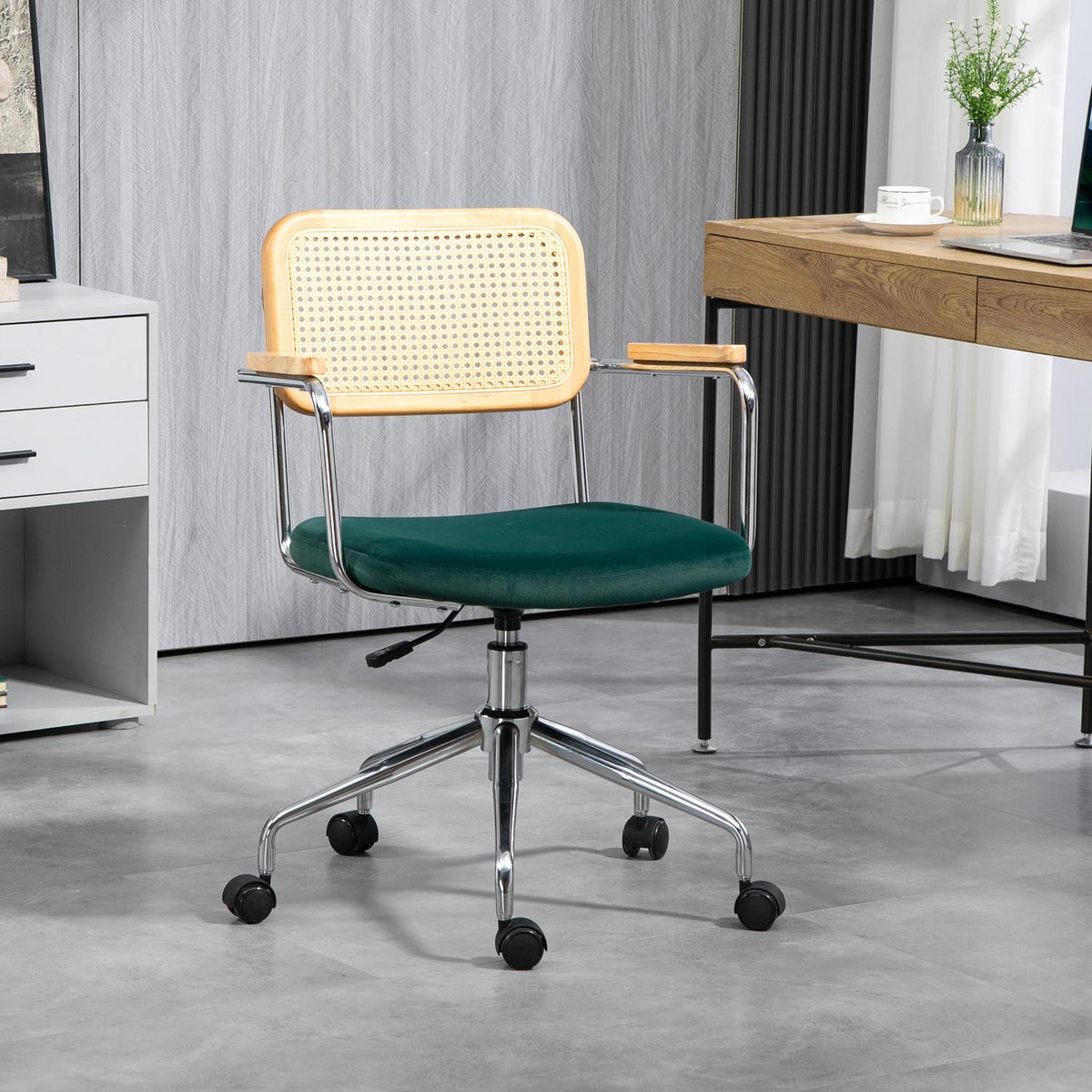 Boho desk chair, height-adjustable office chair with armrests, rocker function, swivel chair, green