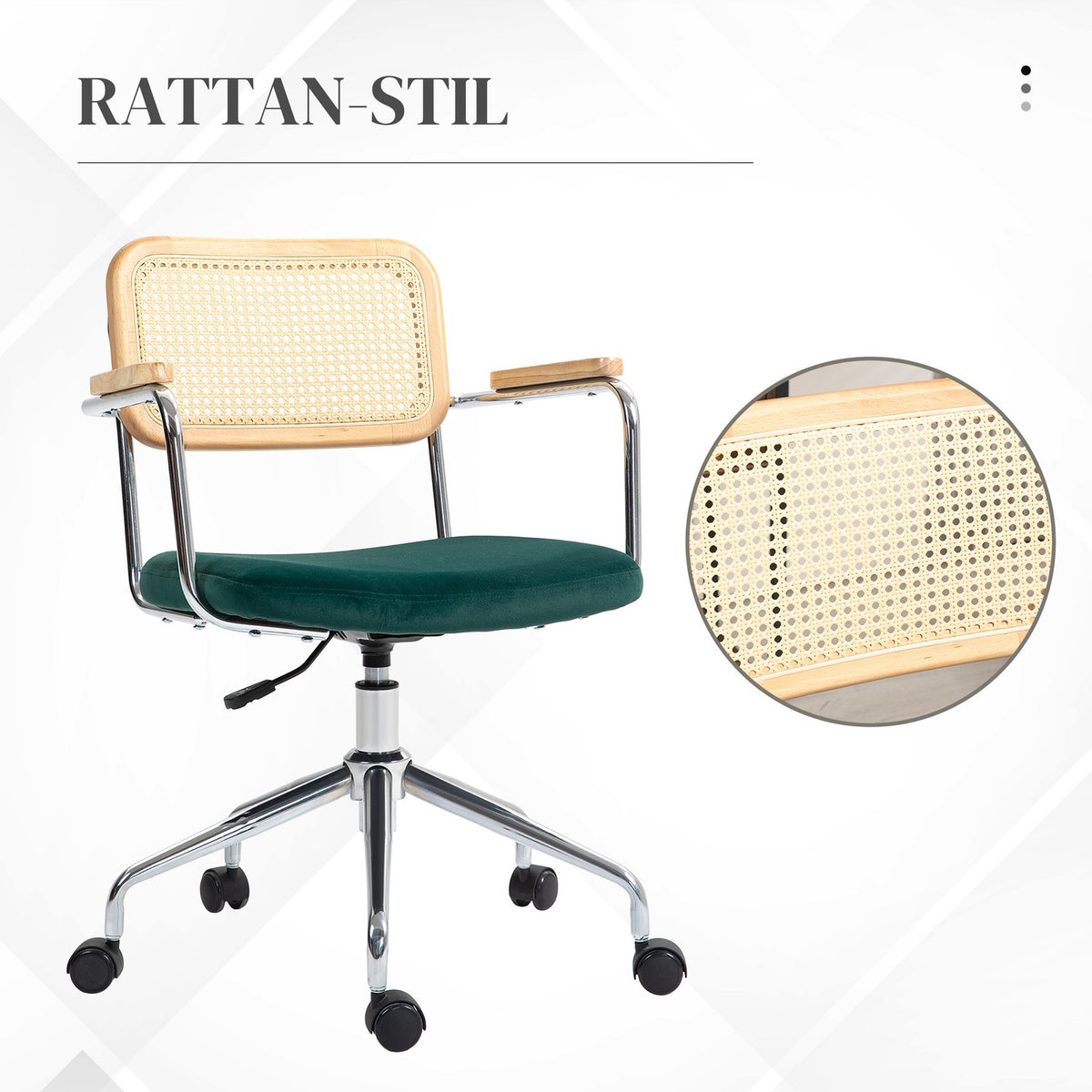Boho desk chair, height-adjustable office chair with armrests, rocker function, swivel chair, green