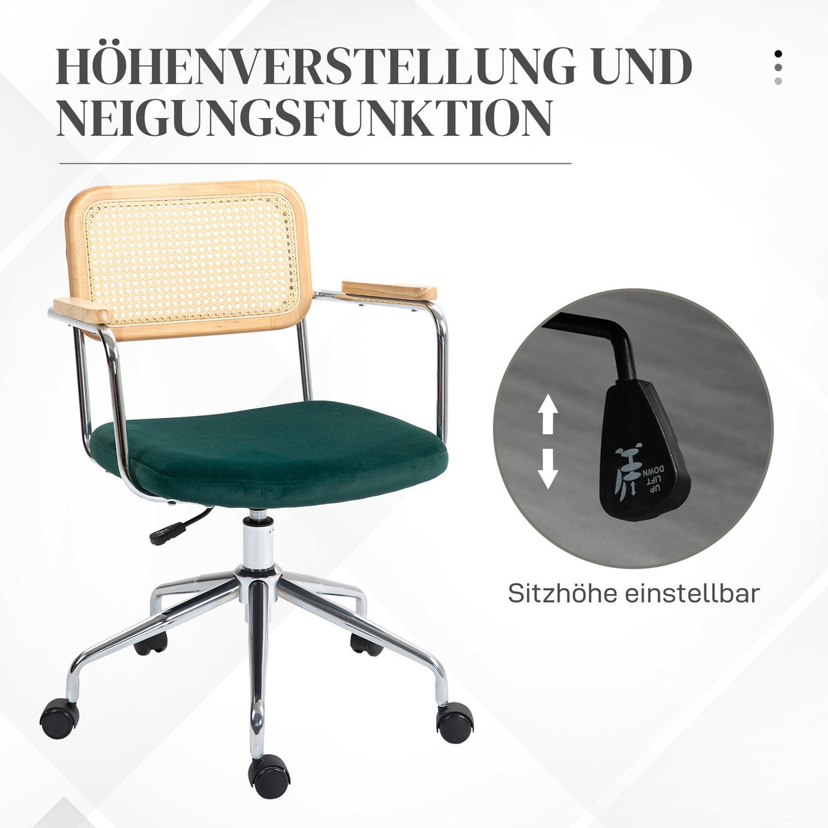Boho desk chair, height-adjustable office chair with armrests, rocker function, swivel chair, green
