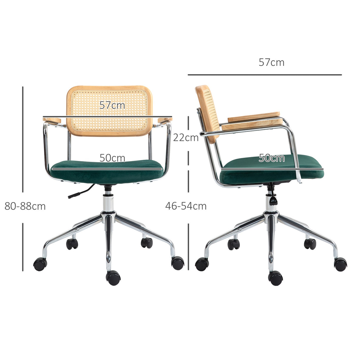 Boho desk chair, height-adjustable office chair with armrests, rocker function, swivel chair, green