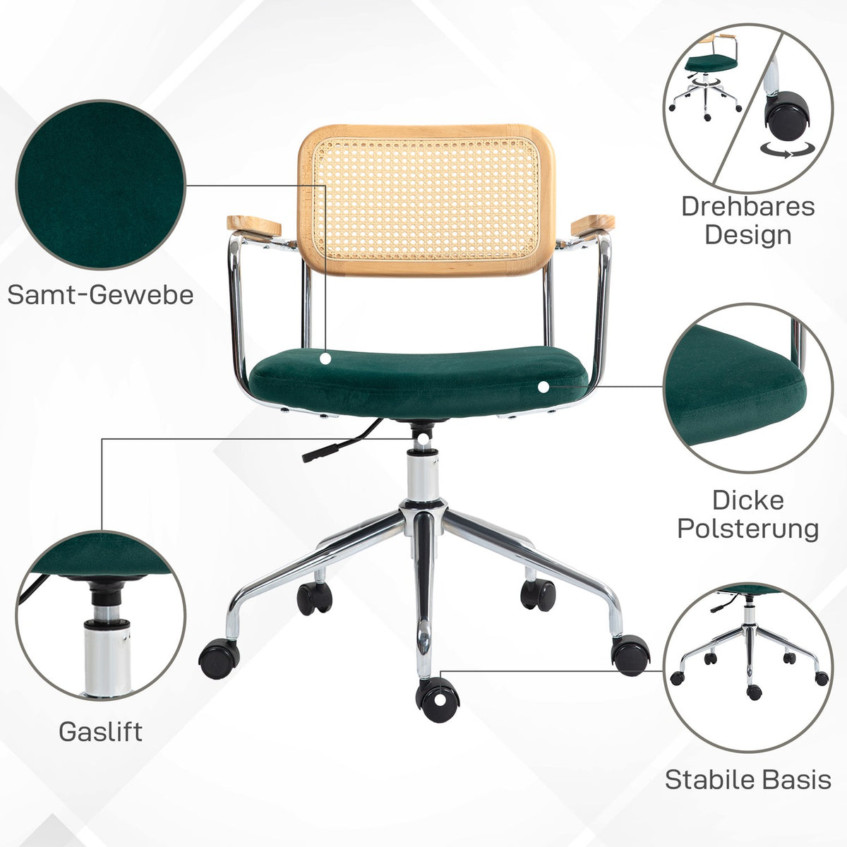 Boho desk chair, height-adjustable office chair with armrests, rocker function, swivel chair, green