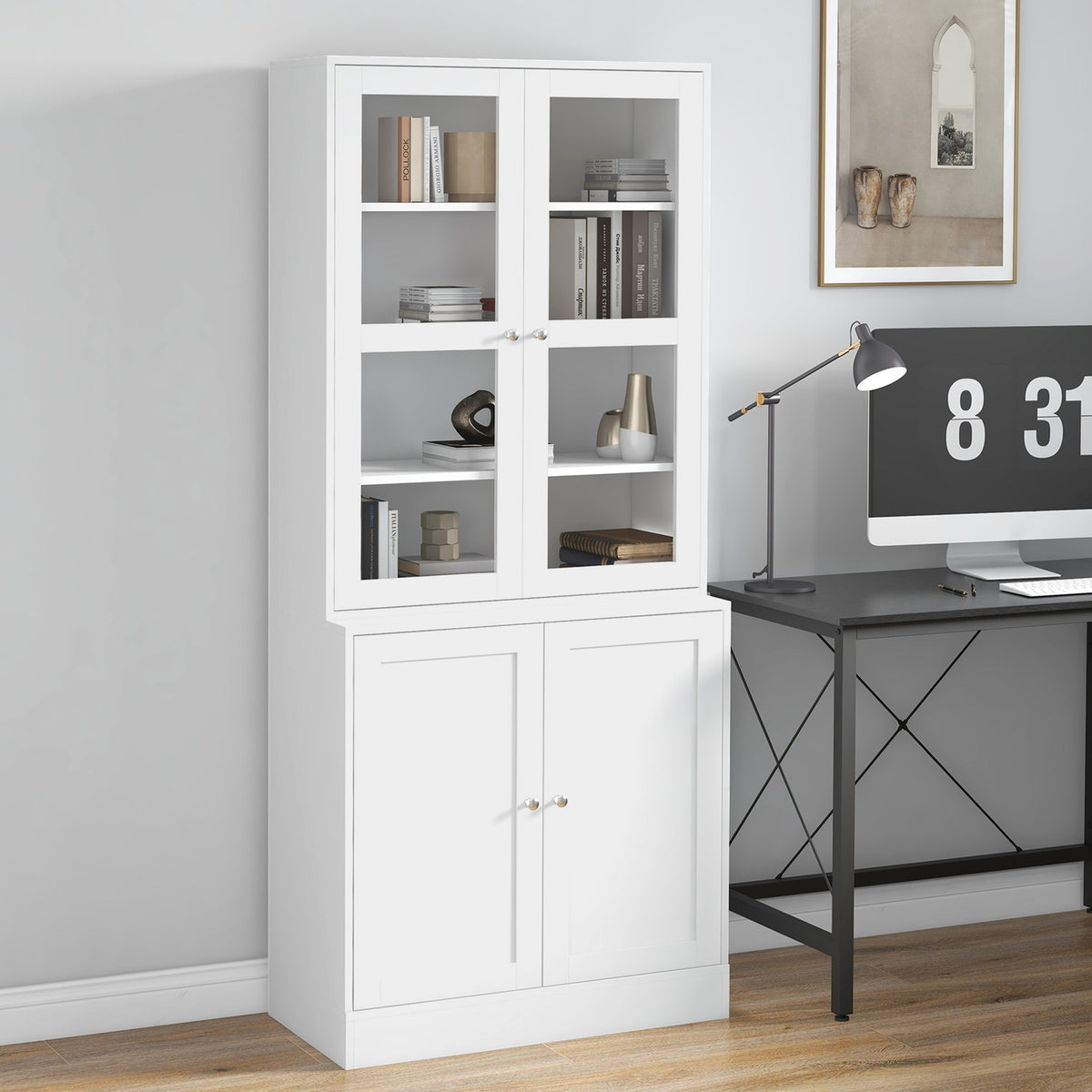 Bookcase 178.5 Cm Tall Cabinet Display Cabinet With Glass Door 6 Compartments Kitchen Cabinet For Living Room Kitchen White