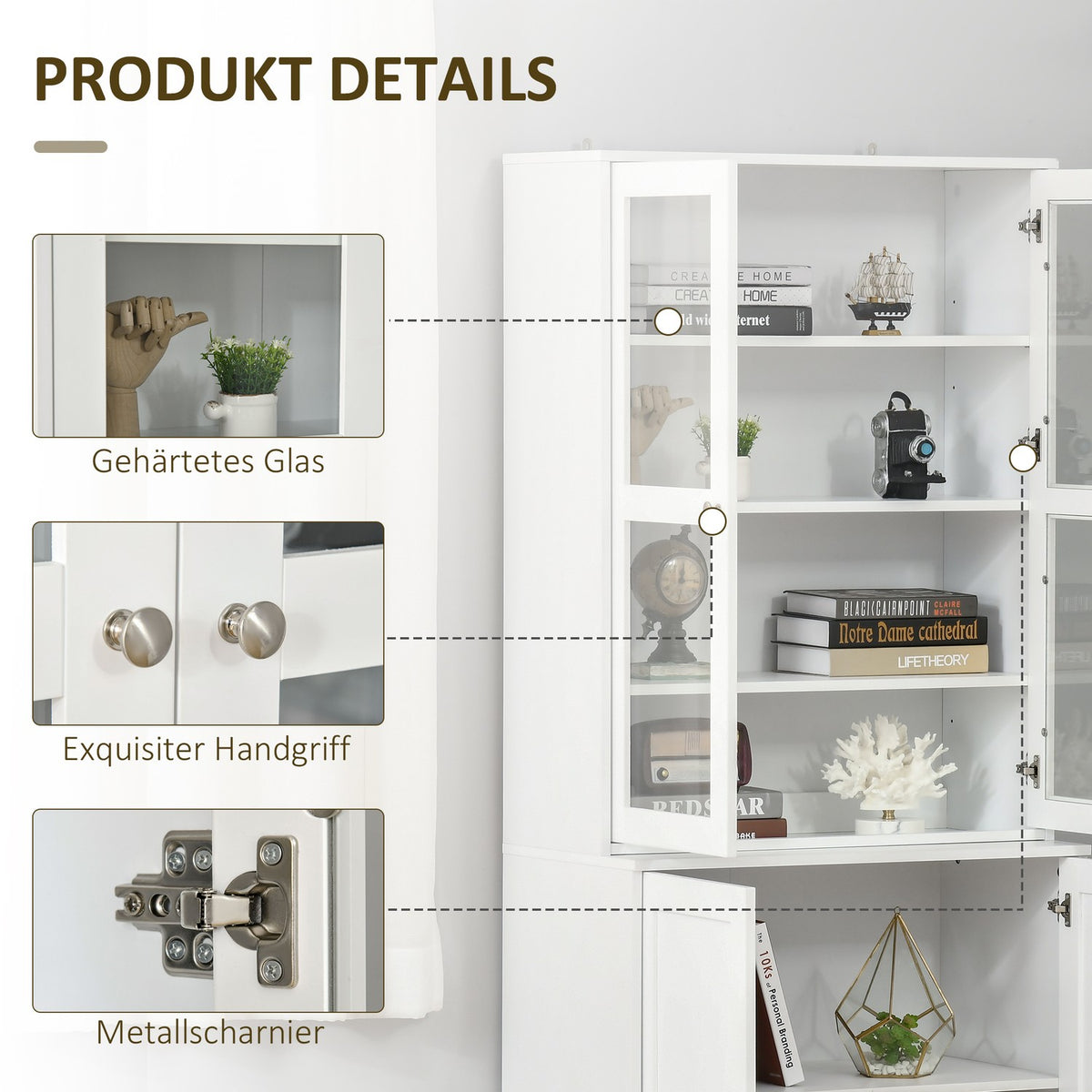 Bookcase 178.5 Cm Tall Cabinet Display Cabinet With Glass Door 6 Compartments Kitchen Cabinet For Living Room Kitchen White