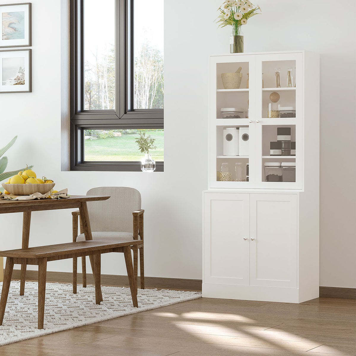 Bookcase 178.5 Cm Tall Cabinet Display Cabinet With Glass Door 6 Compartments Kitchen Cabinet For Living Room Kitchen White