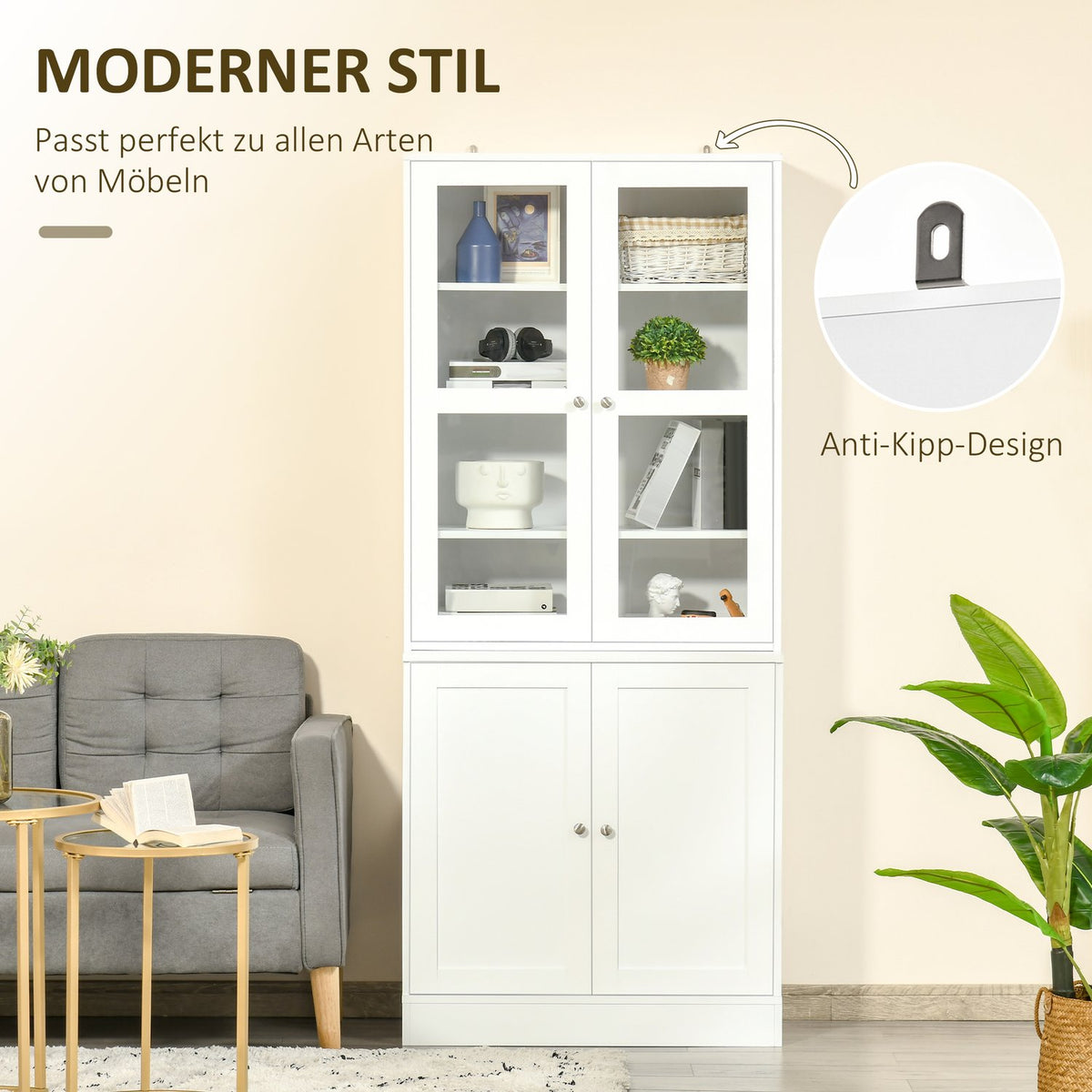 Bookcase 178.5 Cm Tall Cabinet Display Cabinet With Glass Door 6 Compartments Kitchen Cabinet For Living Room Kitchen White