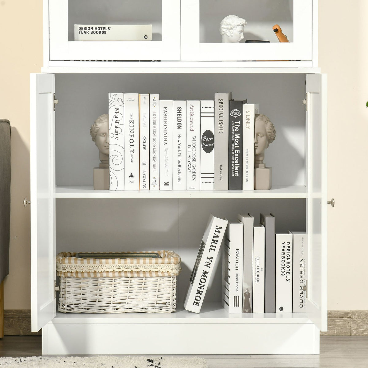 Bookcase 178.5 Cm Tall Cabinet Display Cabinet With Glass Door 6 Compartments Kitchen Cabinet For Living Room Kitchen White