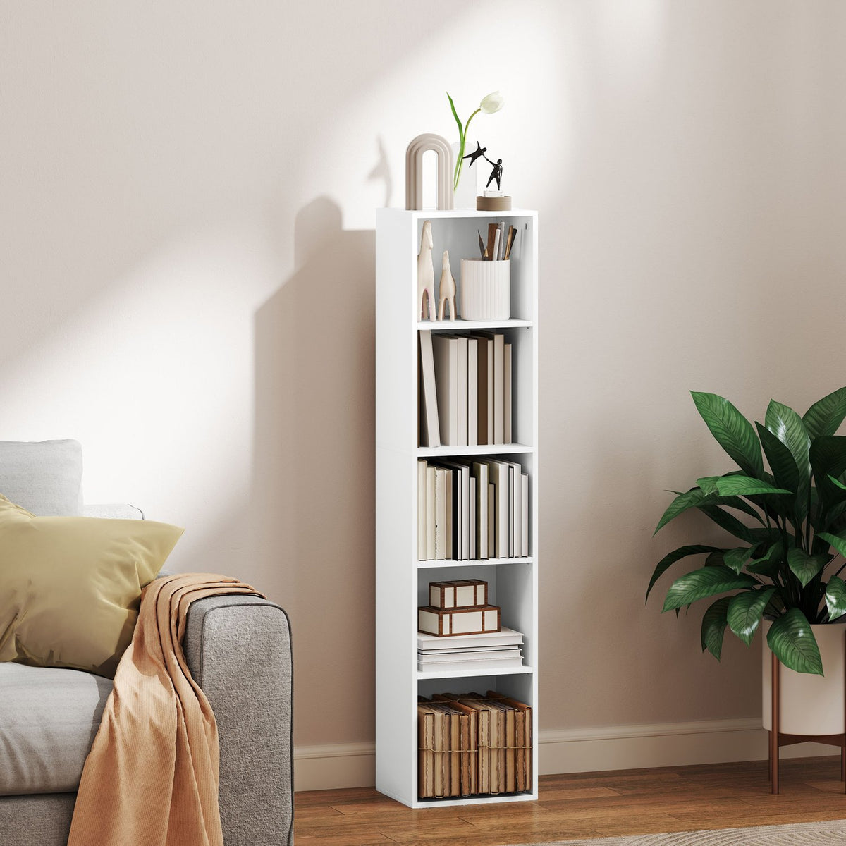 Bookcase, 5 compartments, adjustable shelves, wood, 30 x 24 x 133.5 cm, white