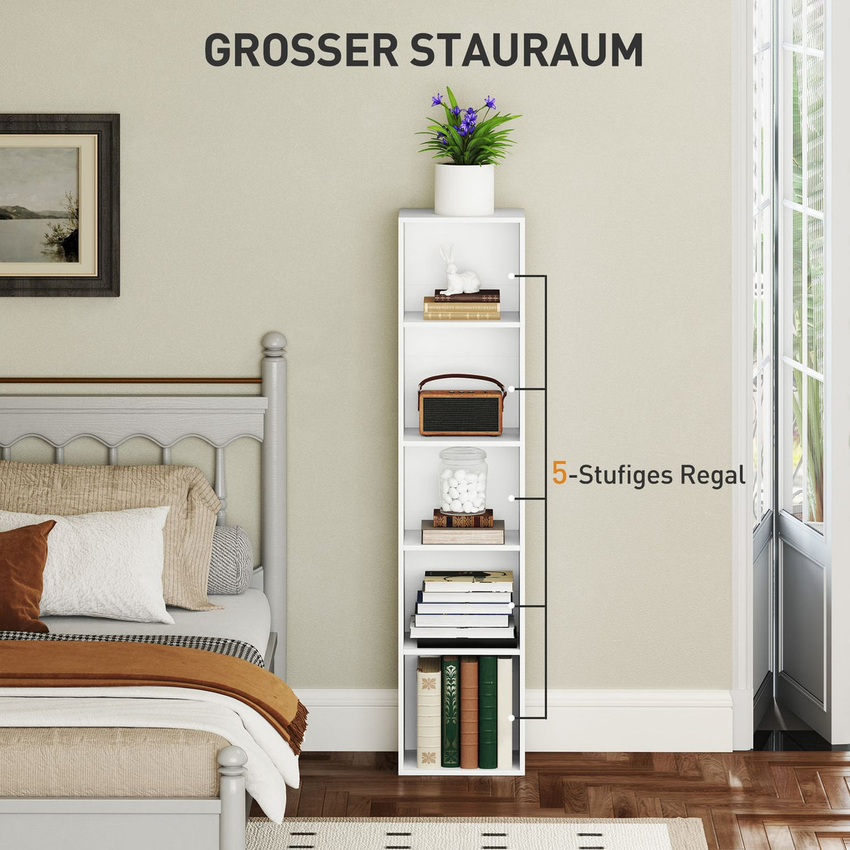 Bookcase, 5 compartments, adjustable shelves, wood, 30 x 24 x 133.5 cm, white