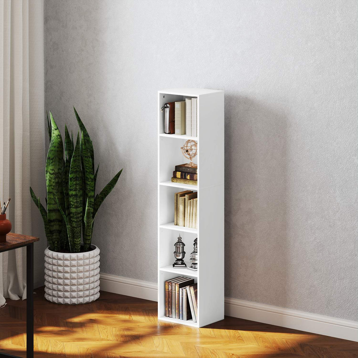 Bookcase, 5 compartments, adjustable shelves, wood, 30 x 24 x 133.5 cm, white