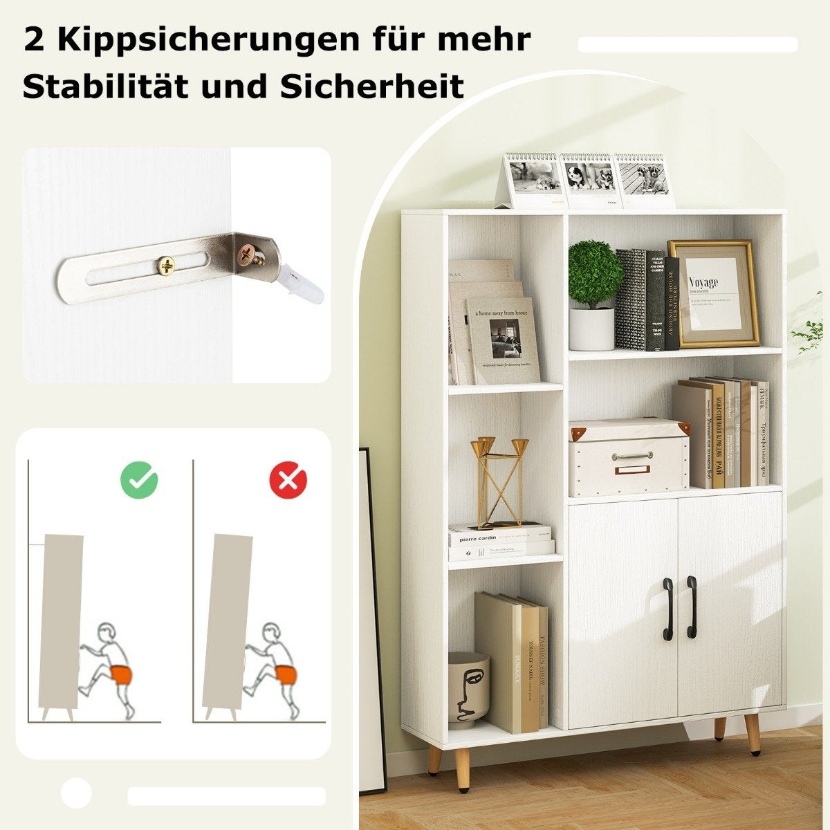 Bookcase White bookcase with doors and open compartments 80 x 23.5 x 119 cm