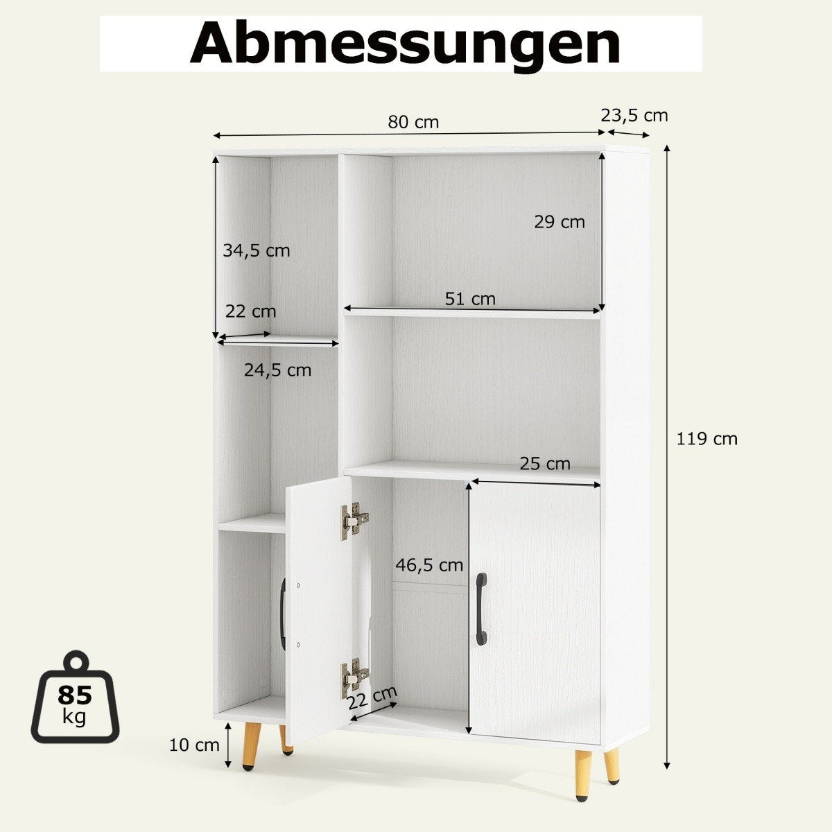 Bookcase White bookcase with doors and open compartments 80 x 23.5 x 119 cm