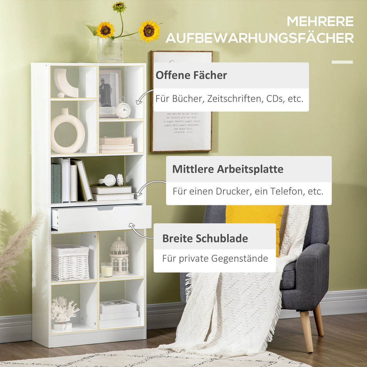 Bookcase With Anti-Tilt Protection Standing Shelf, 9 Shelves & 1 Drawer, For Living Room Home Office, White