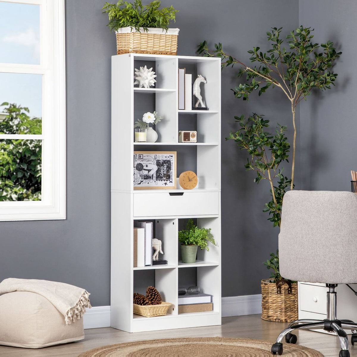 Bookcase With Anti-Tilt Protection Standing Shelf, 9 Shelves & 1 Drawer, For Living Room Home Office, White