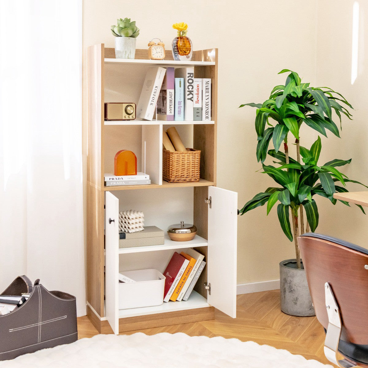 Bookcase With Double-Door Cabinet, 3-Tier, 60x30x140cm