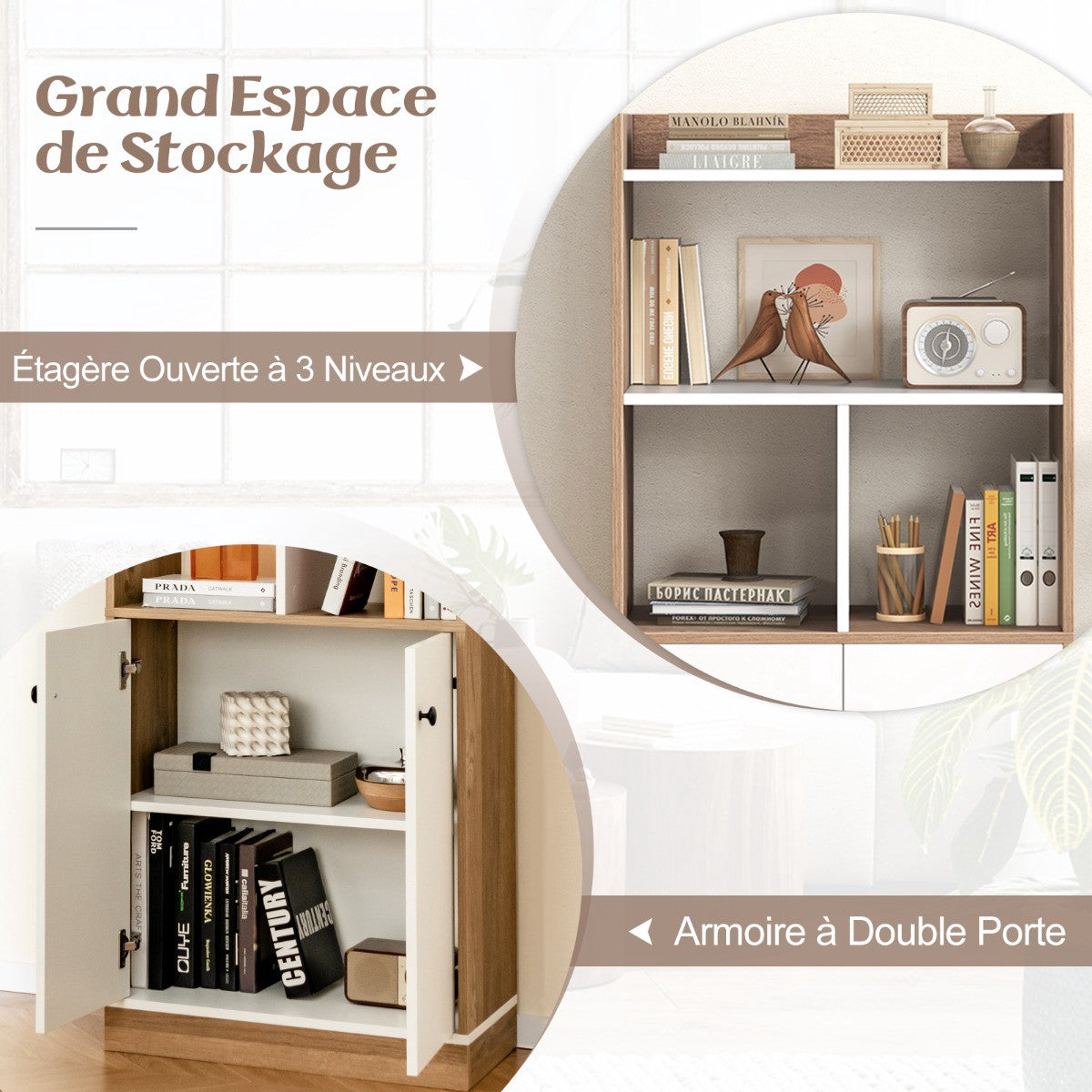 Bookcase With Double-Door Cabinet, 3-Tier, 60x30x140cm