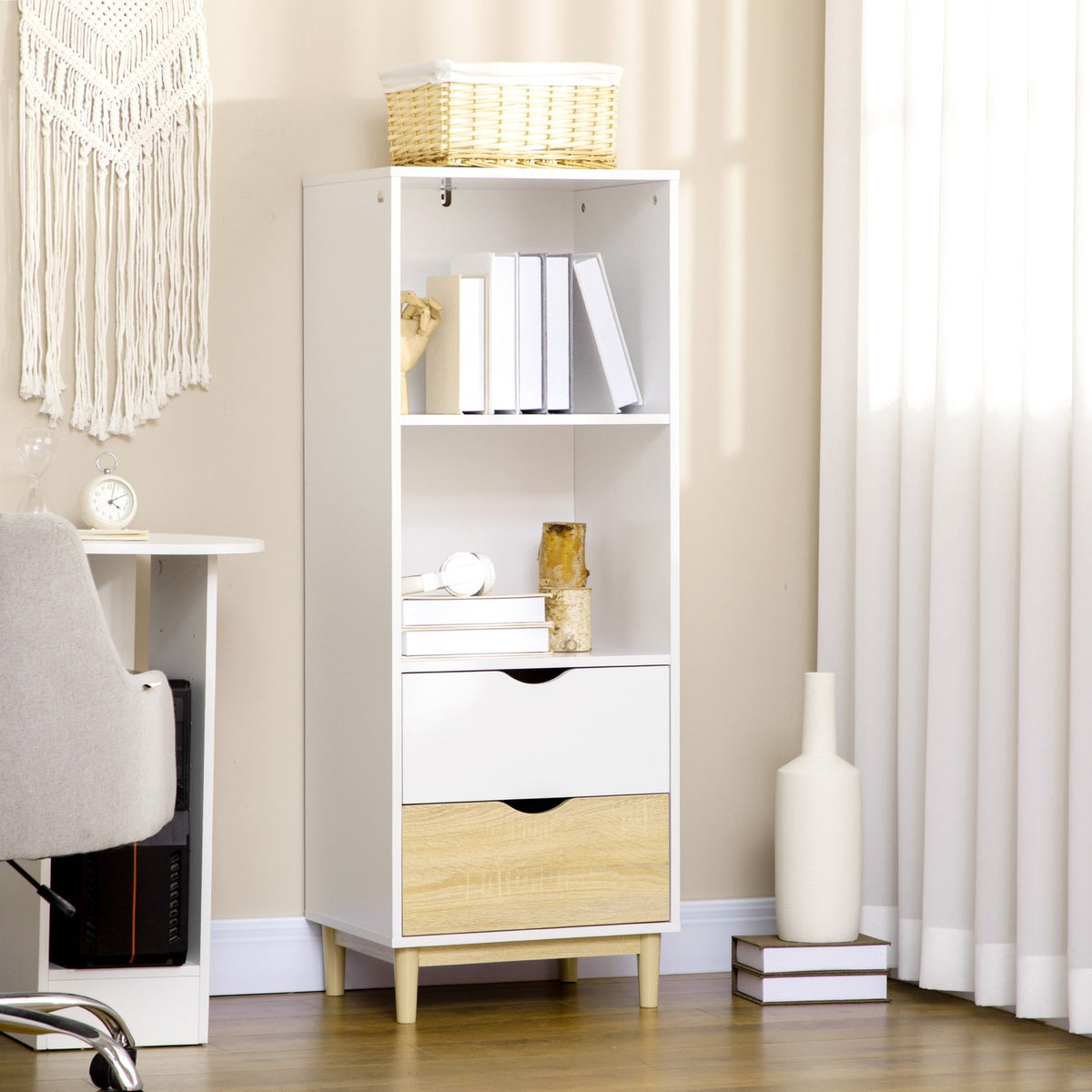 Bookcase With Drawers Modern Storage Shelf, 2 Compartments & 2 Drawers, Wooden Legs, White+Natural