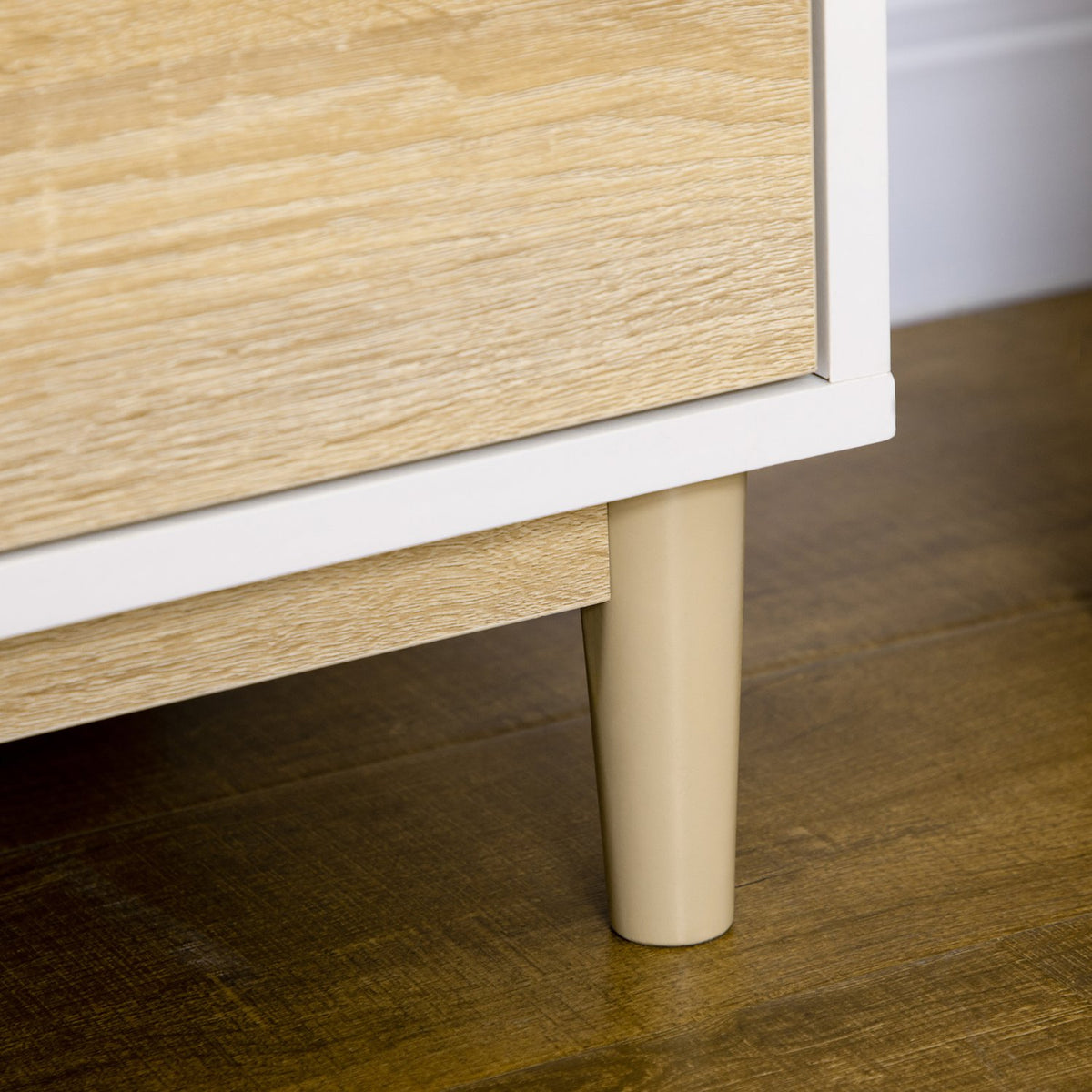 Bookcase With Drawers Modern Storage Shelf, 2 Compartments & 2 Drawers, Wooden Legs, White+Natural