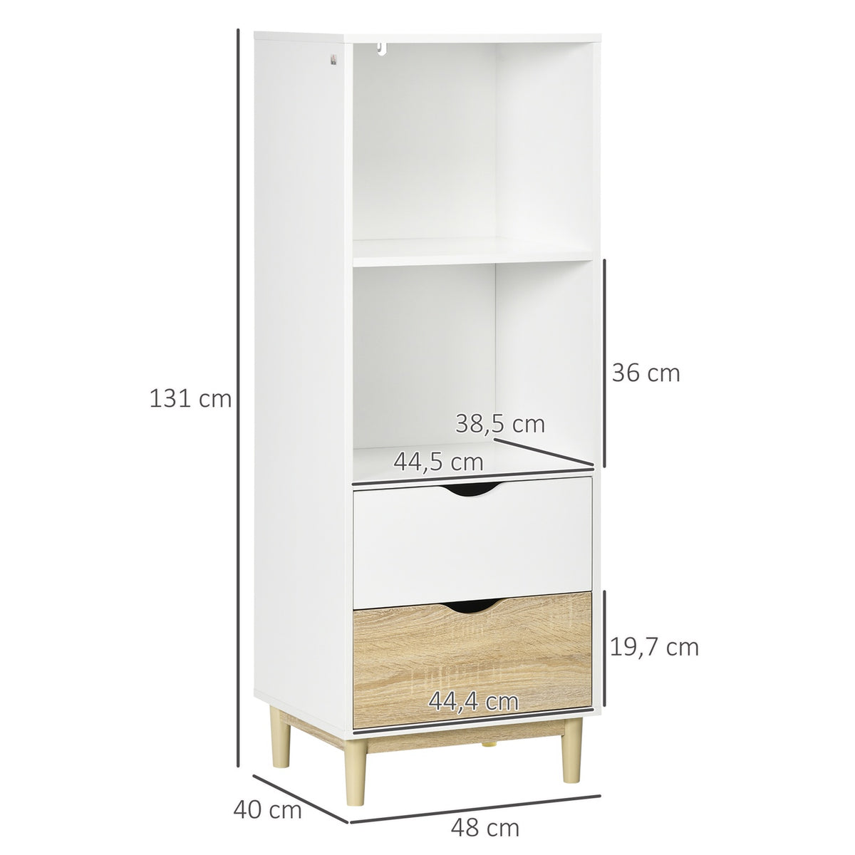 Bookcase With Drawers Modern Storage Shelf, 2 Compartments & 2 Drawers, Wooden Legs, White+Natural
