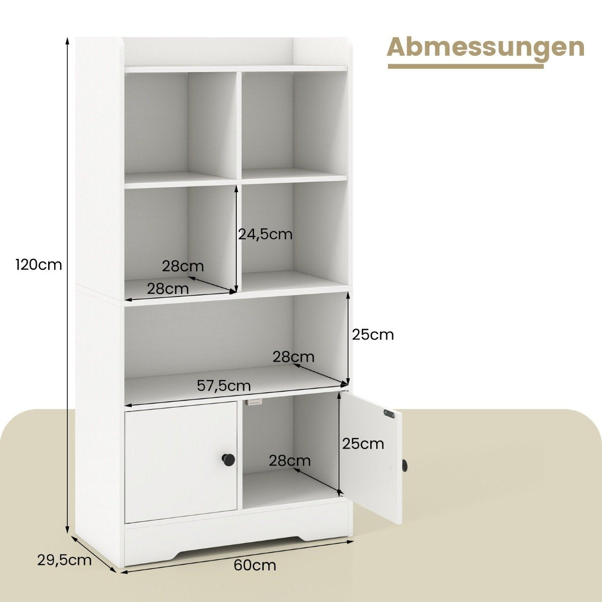 Bookcase with 2 doors and 5 compartments, white wooden bookcase, 60 x 29.5 x 120 cm
