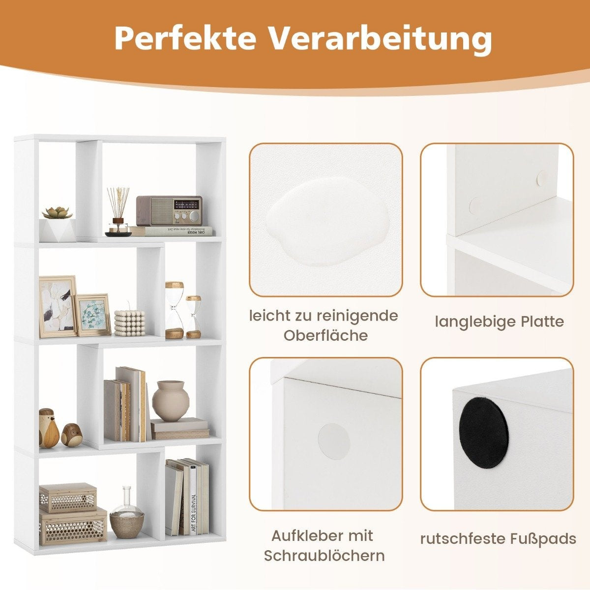 Bookcase with 4 levels, standing shelf with 8 compartments, cube shelf, 60 x 20 x 120 cm, white