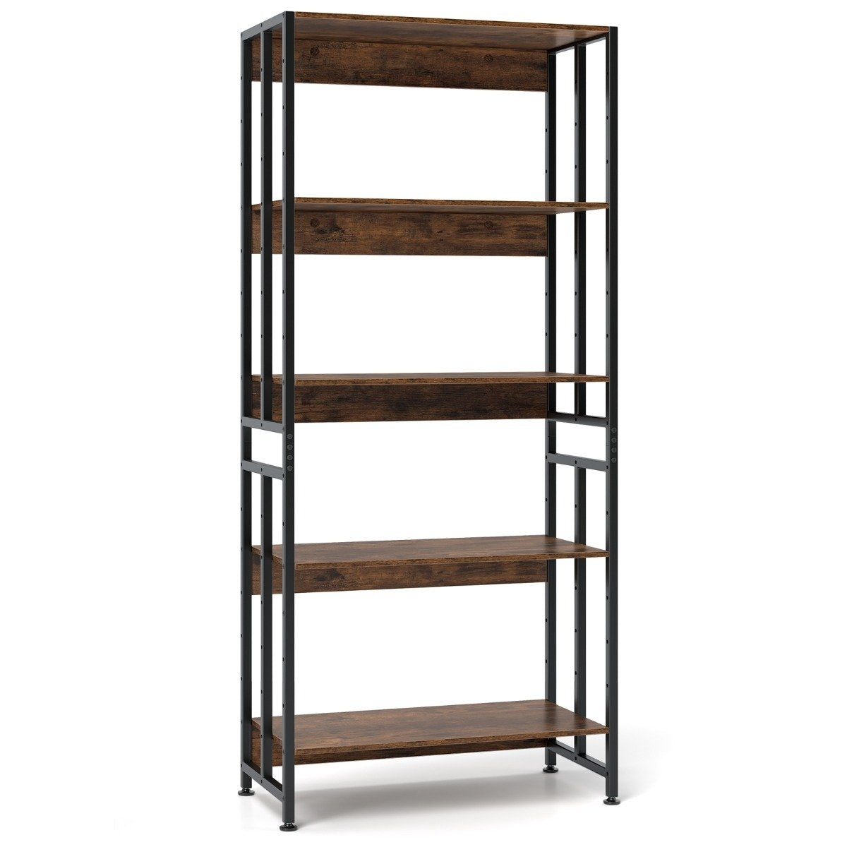 Bookcase with 5 levels in industrial style, storage shelves, floor standing shelf, brown