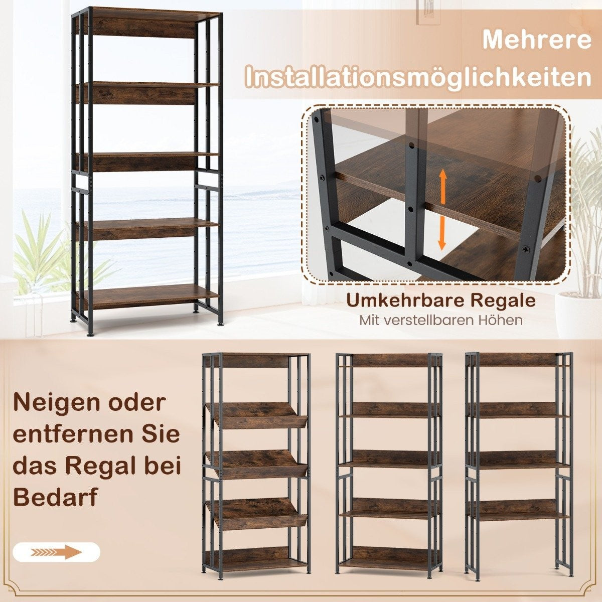 Bookcase with 5 levels in industrial style, storage shelves, floor standing shelf, brown