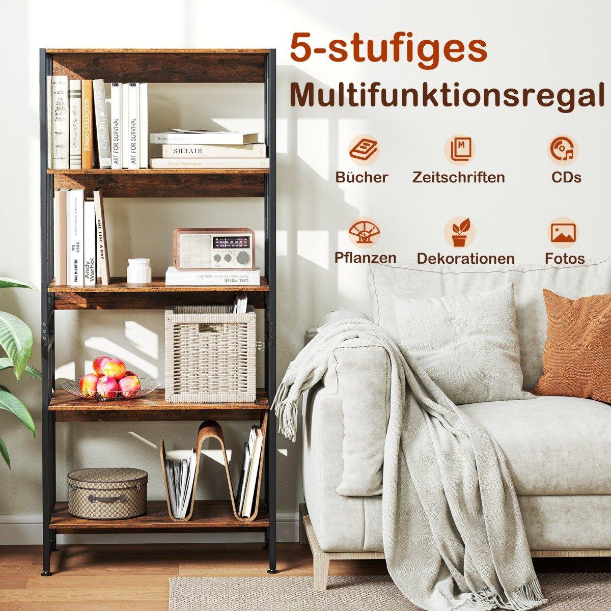 Bookcase with 5 levels in industrial style, storage shelves, floor standing shelf, brown