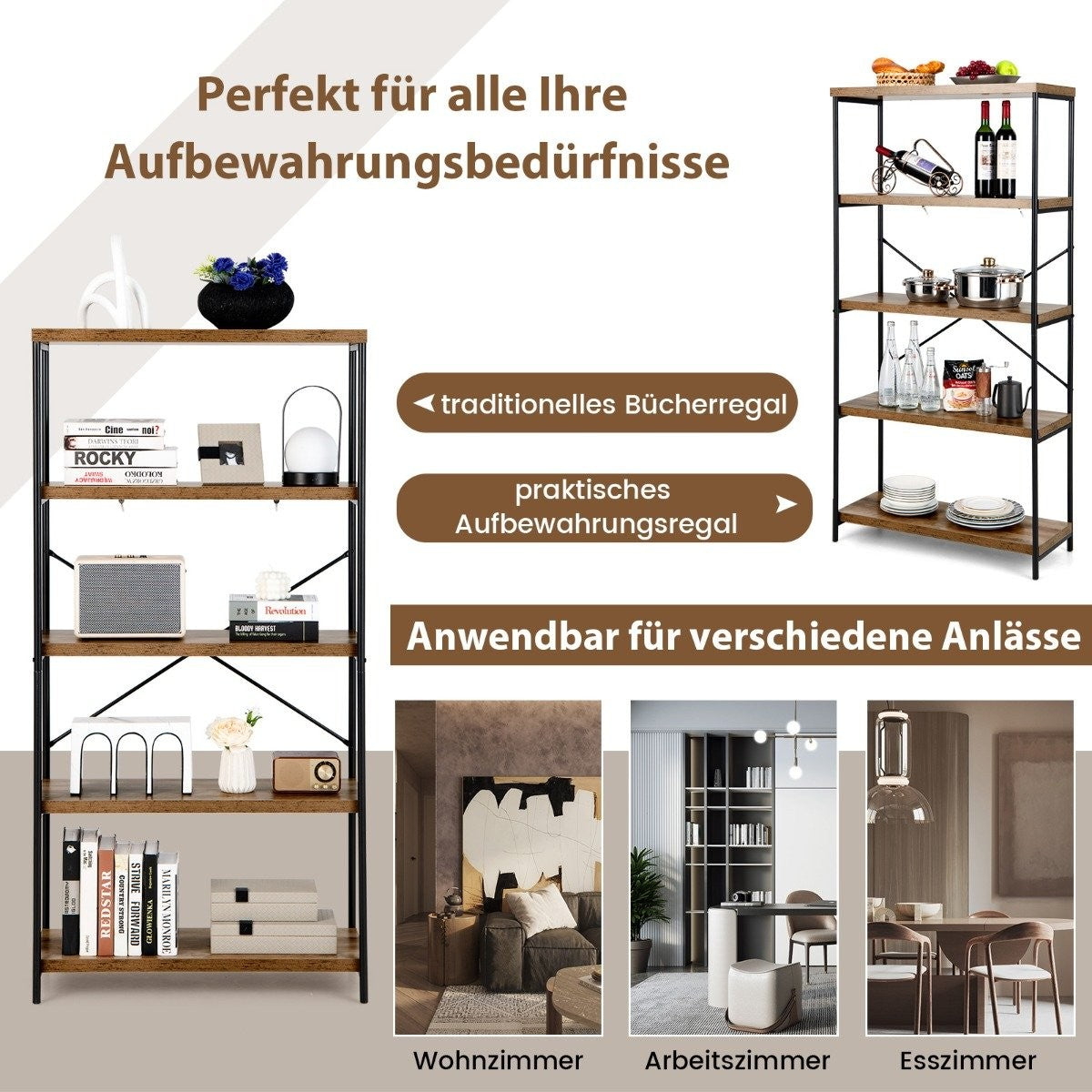 Bookcase with 5 levels & metal frame & industrial design standing shelf office shelf brown