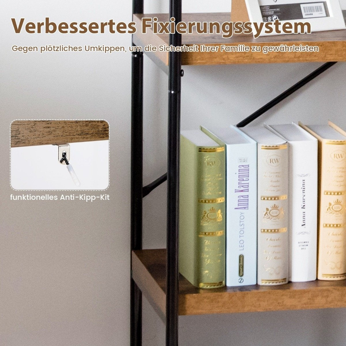 Bookcase with 5 levels & metal frame & industrial design standing shelf office shelf brown
