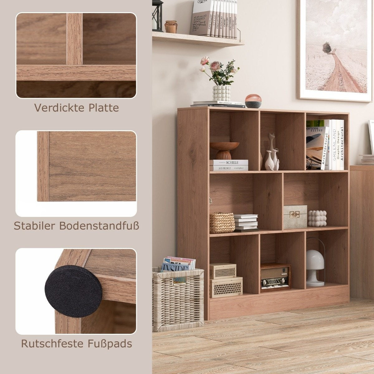 Bookcase with 8 compartments, standing shelf with 3 levels, cube shelf, office shelf, storage shelf, 100 x 24 x 104 cm, natural