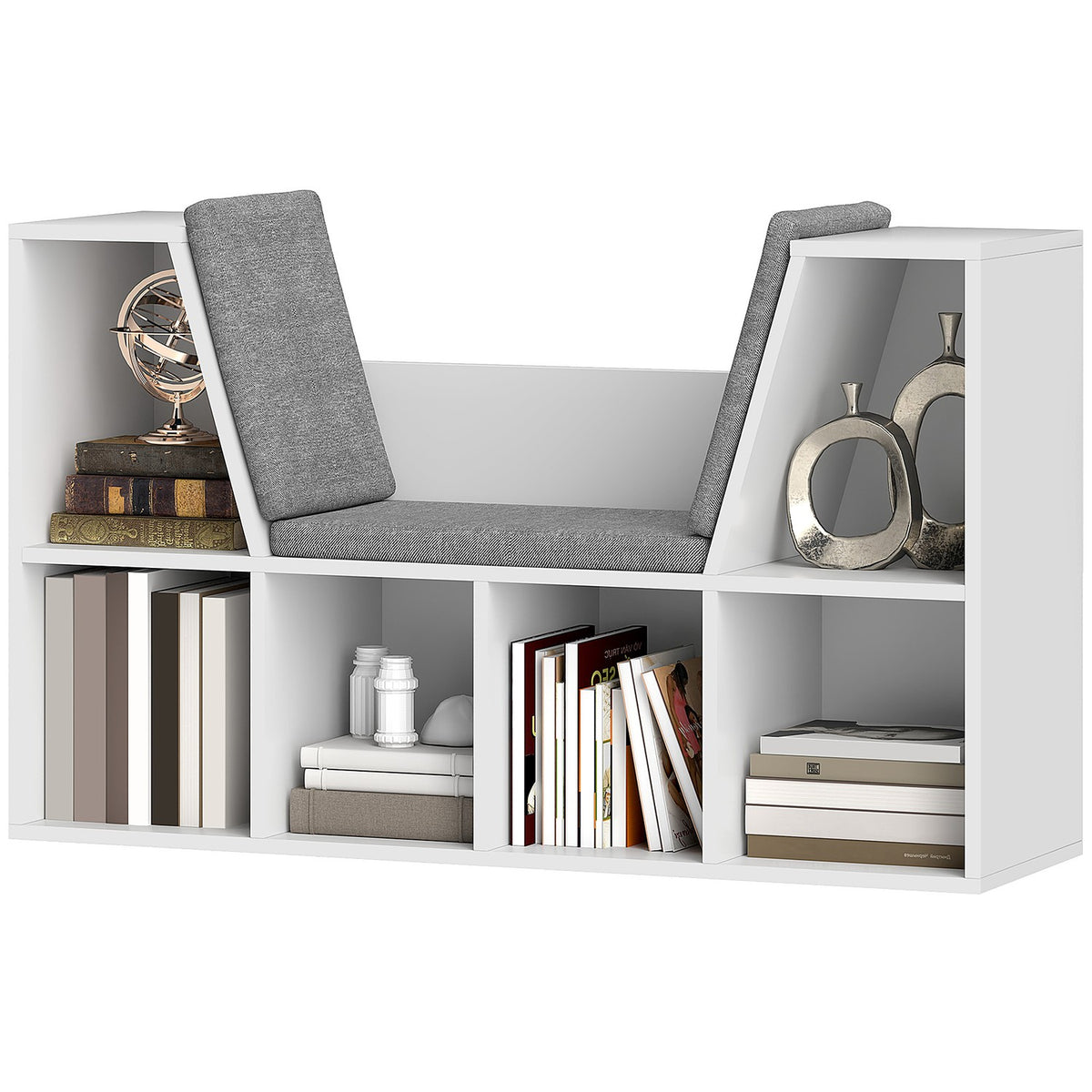 Bookcase with Seat Cushion, Storage Shelf with 6 Compartments, Linen Look, Small Bookcase for Living Room, Bedroom, 105 x 30 x 63 cm, White
