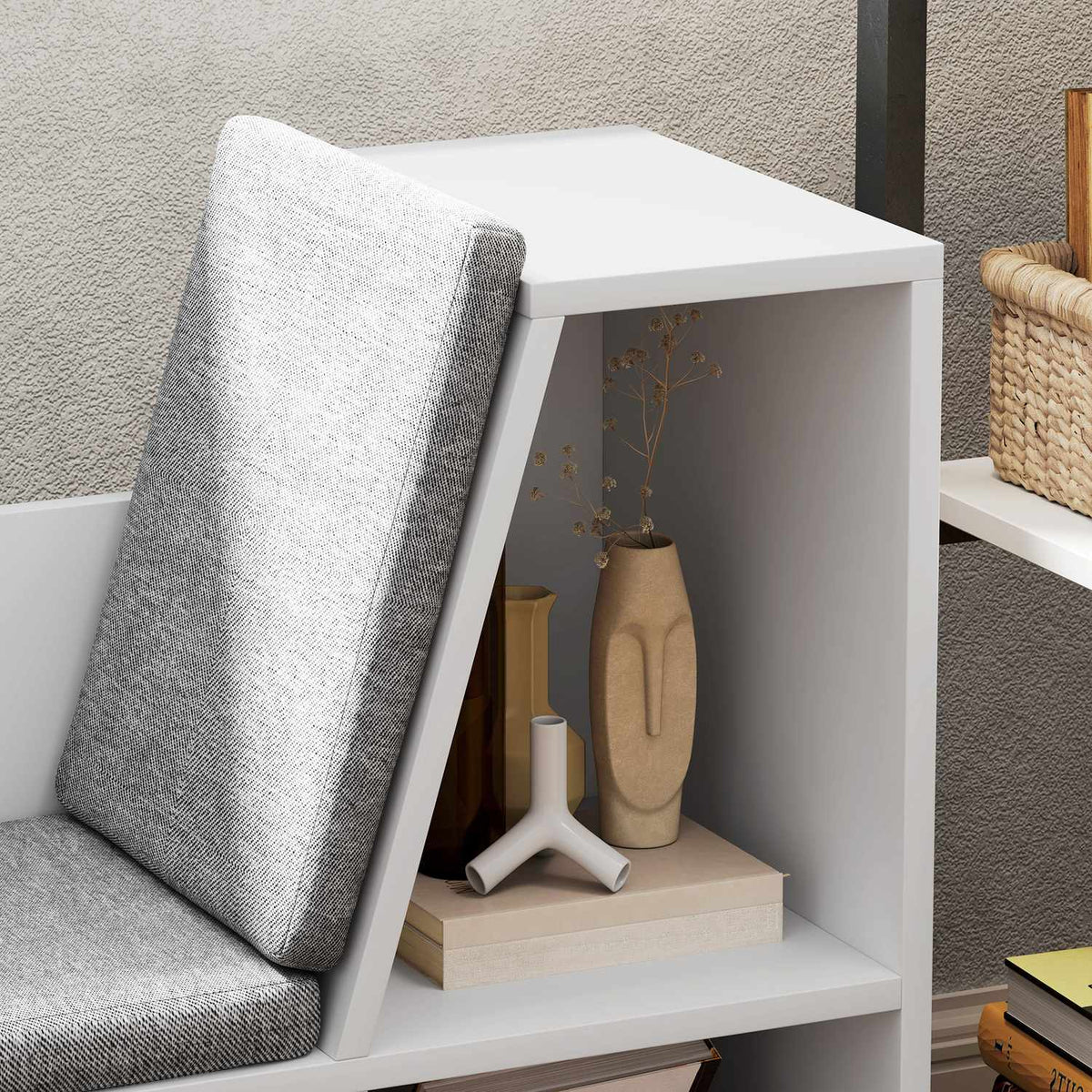 Bookcase with Seat Cushion, Storage Shelf with 6 Compartments, Linen Look, Small Bookcase for Living Room, Bedroom, 105 x 30 x 63 cm, White
