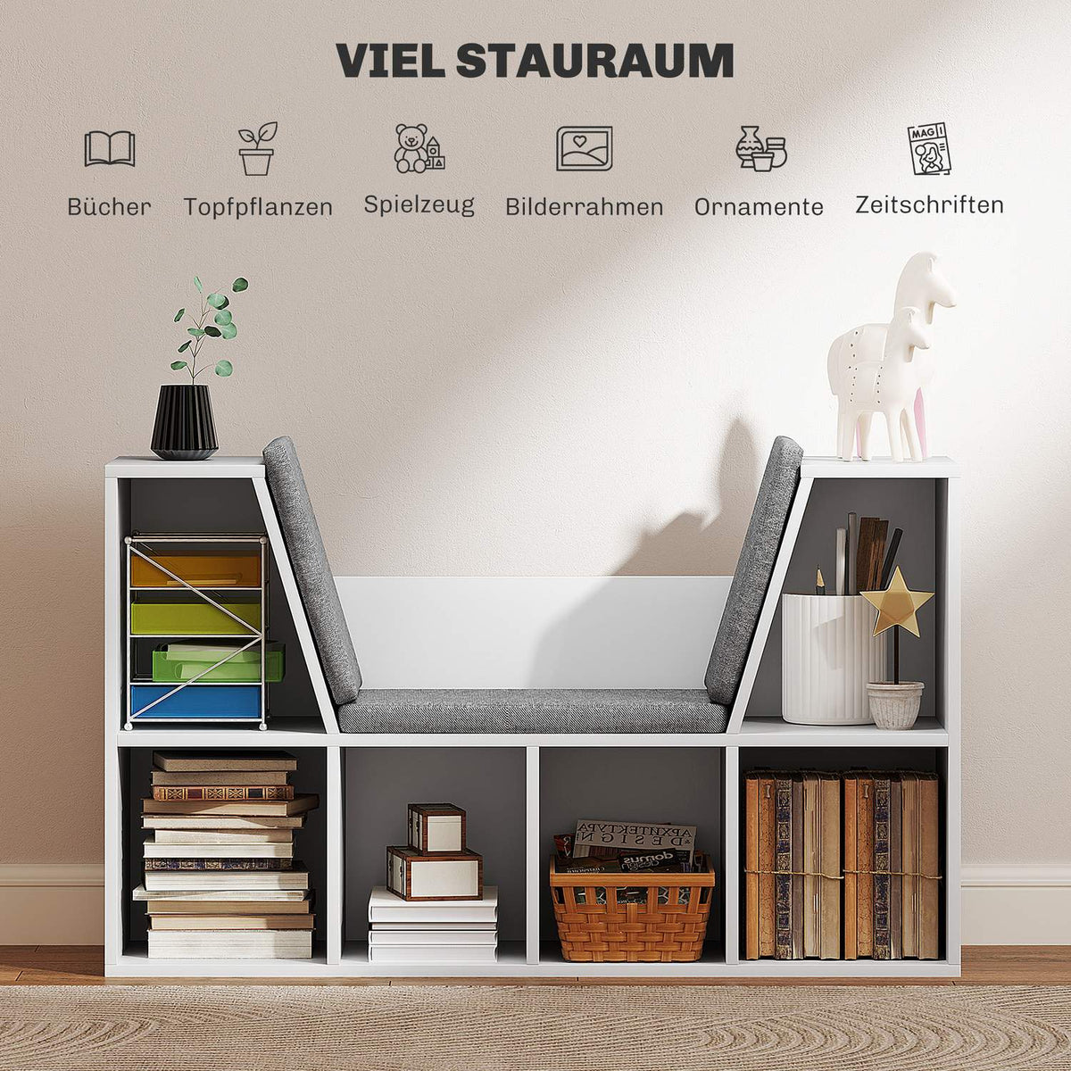 Bookcase with Seat Cushion, Storage Shelf with 6 Compartments, Linen Look, Small Bookcase for Living Room, Bedroom, 105 x 30 x 63 cm, White