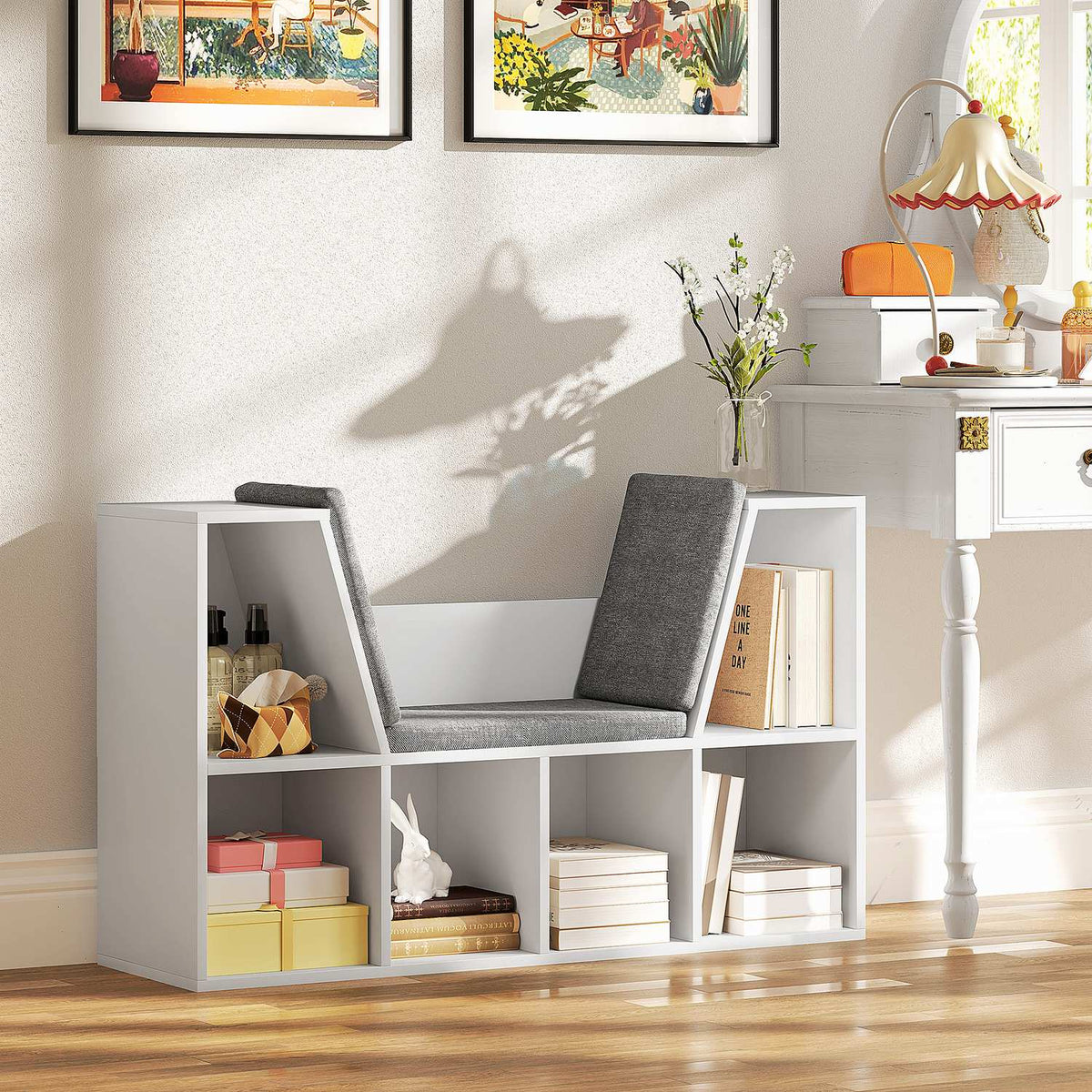 Bookcase with Seat Cushion, Storage Shelf with 6 Compartments, Linen Look, Small Bookcase for Living Room, Bedroom, 105 x 30 x 63 cm, White