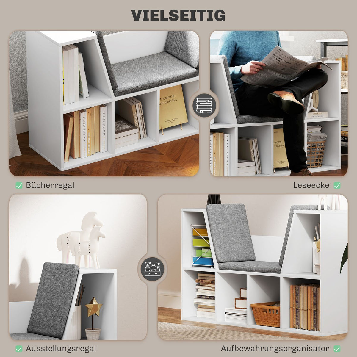 Bookcase with Seat Cushion, Storage Shelf with 6 Compartments, Linen Look, Small Bookcase for Living Room, Bedroom, 105 x 30 x 63 cm, White