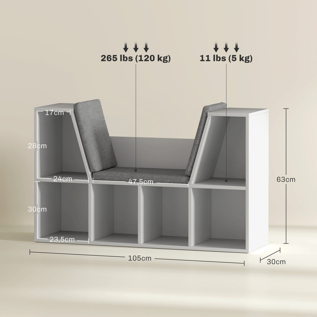 Bookcase with Seat Cushion, Storage Shelf with 6 Compartments, Linen Look, Small Bookcase for Living Room, Bedroom, 105 x 30 x 63 cm, White