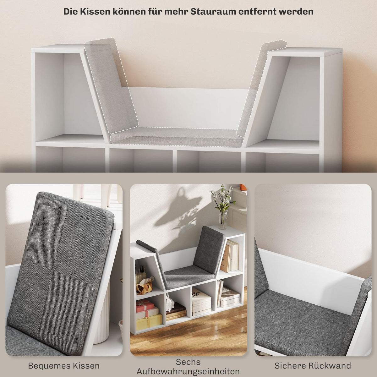 Bookcase with Seat Cushion, Storage Shelf with 6 Compartments, Linen Look, Small Bookcase for Living Room, Bedroom, 105 x 30 x 63 cm, White