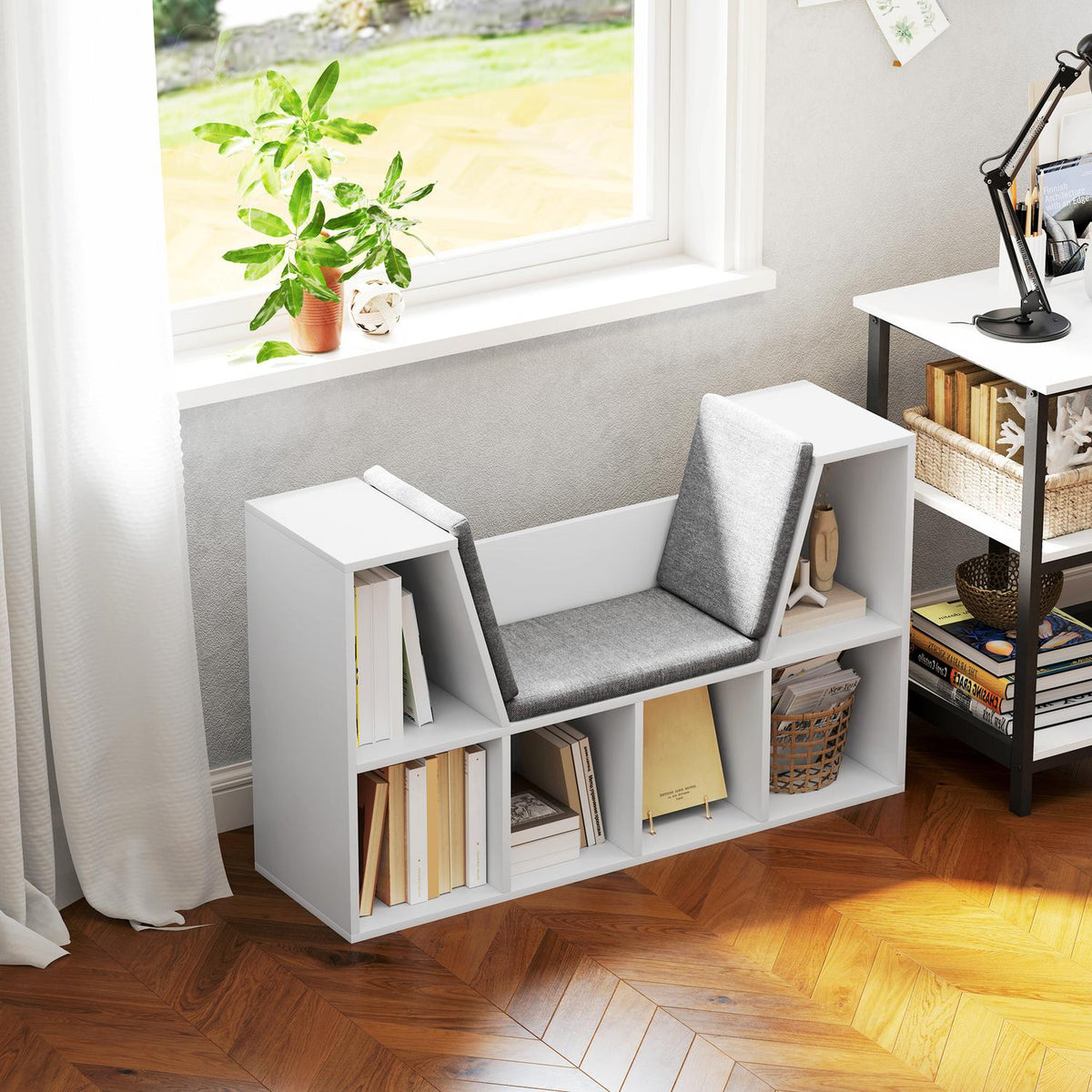 Bookcase with Seat Cushion, Storage Shelf with 6 Compartments, Linen Look, Small Bookcase for Living Room, Bedroom, 105 x 30 x 63 cm, White