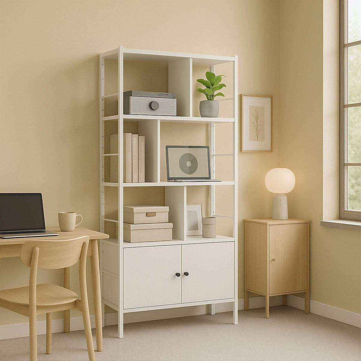 Bookcase with Storage Unit – 3 Shelves, Base Cabinet