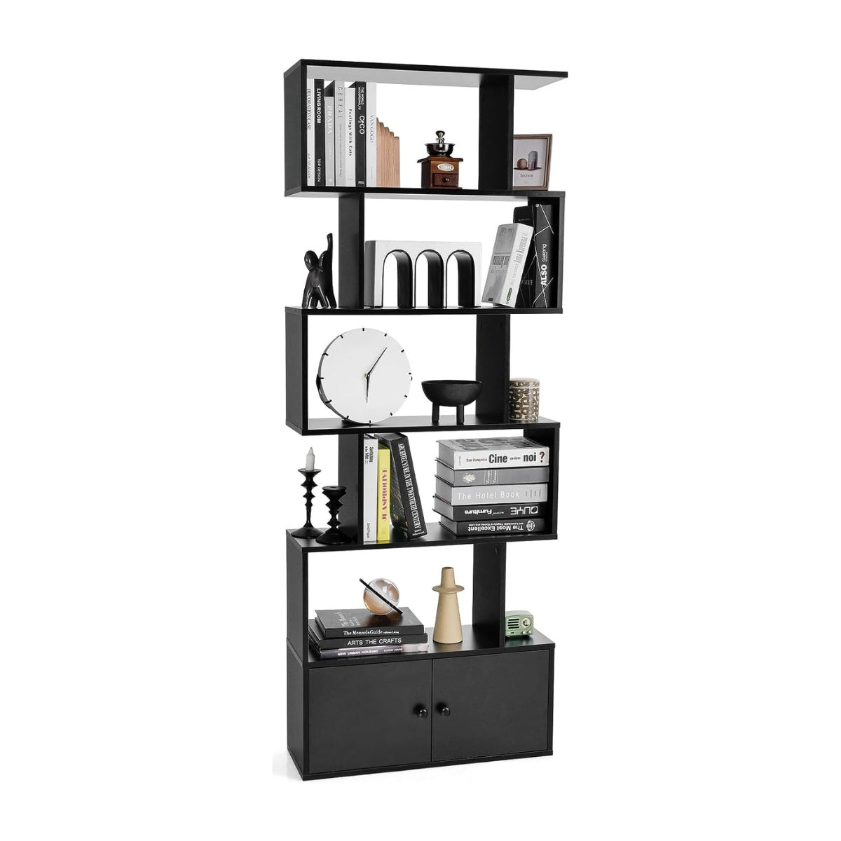 Bookcase with doors & 5 levels standing shelf made of wood 183 x 70 x 23 cm room divider black