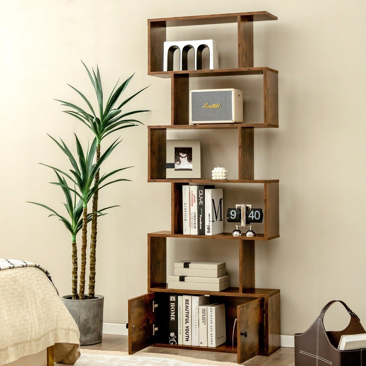 Bookcase with doors & 5 levels standing shelf made of wood 183 x 70 x 23 cm room divider brown