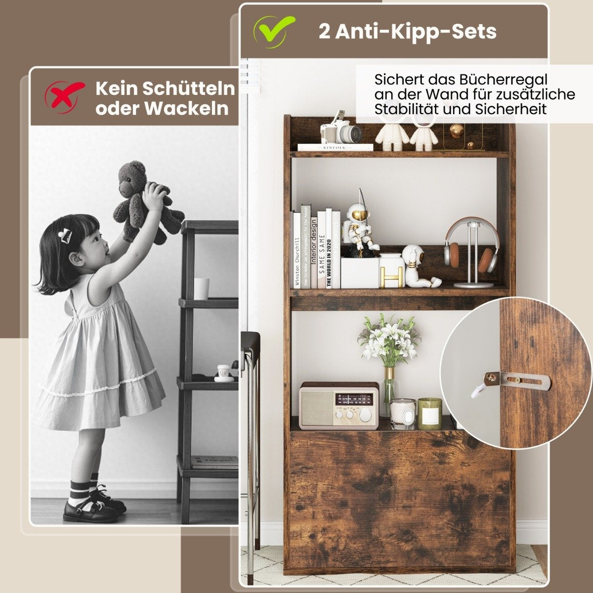Bookcase with drawer, standing shelf with 2 compartments, office shelf made of wood, 55 x 29 x 105 cm, rustic brown